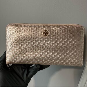 Tory Burch Marion Embossed Leather Zip Wallet Rose Gold